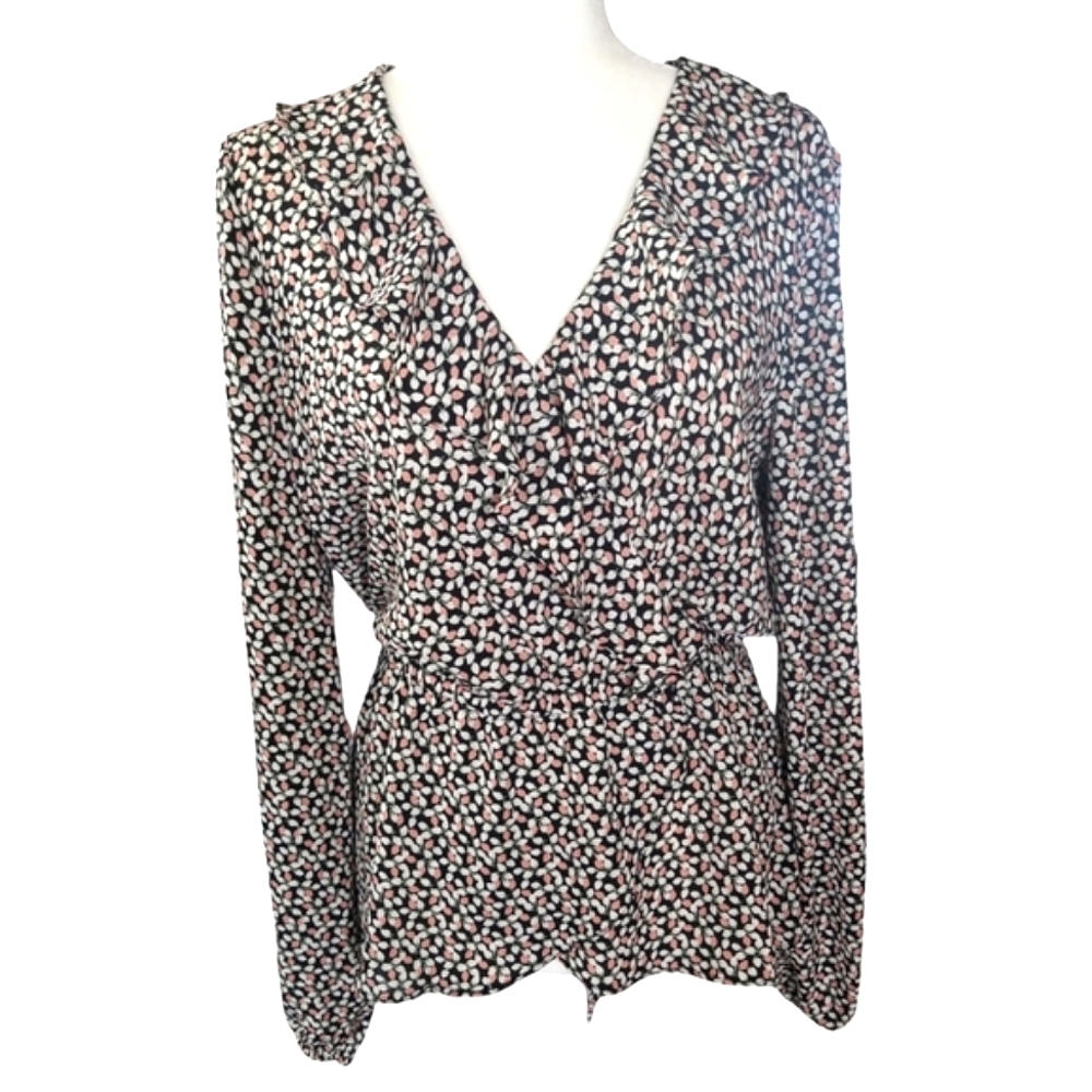 Max Studio Black and White Wrap Blouse with Ruffled Front and Long Sleeves